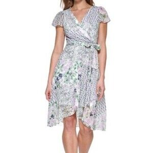 DKNY Floral Flutter Sleeve Faux Wrap Midi Dress Sz 8 Fairy Summer Wedding Y2K